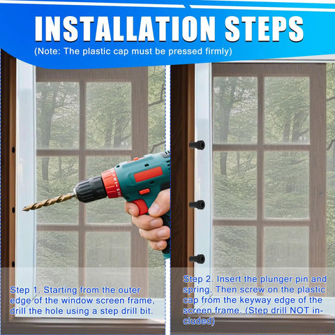 Installation steps for Rock Solid Window Screen Plunger Latches With Caps And Springs 16 Piece Professional Upgrade Kit.