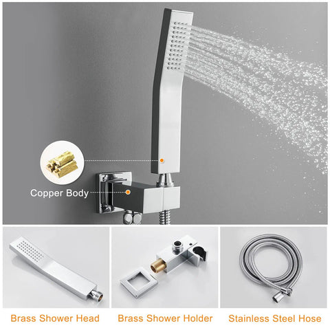 10 Inch All Metal Shower System With Tub Spout, Wall Mount, And Hand Shower, stainless steel hose and copper body details