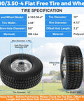 2-Pack 4.10 By 3.50 4 Flat Free Tire And Wheel Set For 10 Inch Hand Trucks Dollies Garden Carts Wagons Five Eighths Inch Bore 2.2 Inch Offset Hub One Piece Welded Rims 350 Lb Capacity shown with specifications chart and landscape background