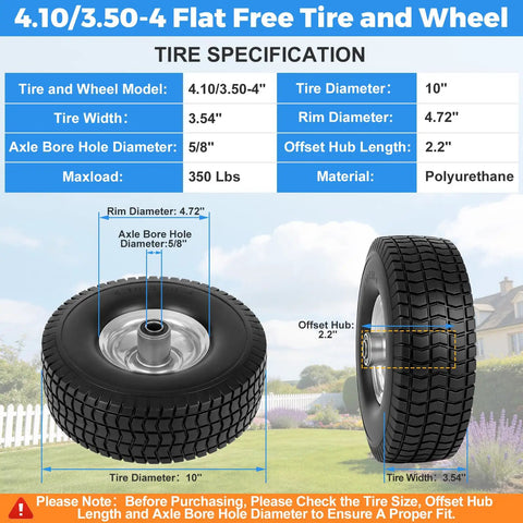 2-Pack 4.10 By 3.50 4 Flat Free Tire And Wheel Set For 10 Inch Hand Trucks Dollies Garden Carts Wagons Five Eighths Inch Bore 2.2 Inch Offset Hub One Piece Welded Rims 350 Lb Capacity shown with specifications chart and landscape background