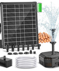 7W Solar Fountain Pump With 3600mAh Battery Backup And 8 Nozzles, PVC Tubing, displayed with solar panel and water spray