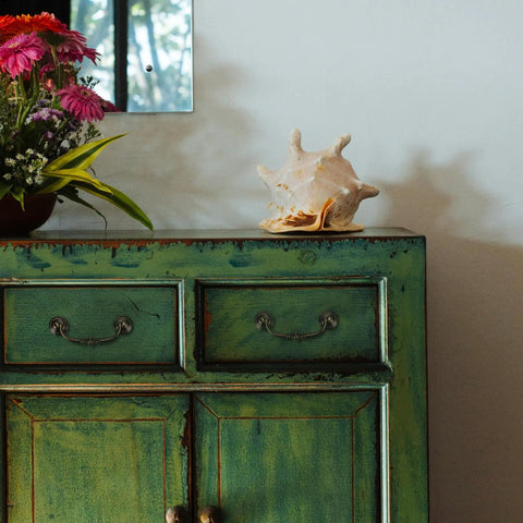 Antique Brass Drop Bail Cabinet Handles Drawer Pulls Kitchen Cupboard Furniture Hardware on distressed green cabinet.