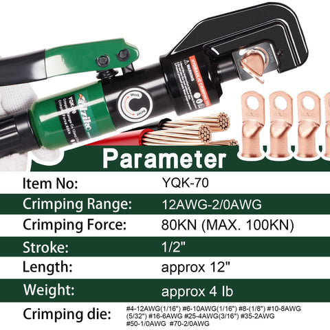Hydraulic Cable Lug Crimper Kit 10 Ton Crimp Tool For 12 AWG To 00 AWG Electrical Terminals with 9 Die Sets and Specifications