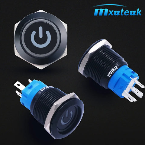 Rugged 12V Latching Push Button Switch 1NO1NC SPDT, 19mm Metal Panel Mount, Blue LED Power Light, Waterproof IP65 IK10