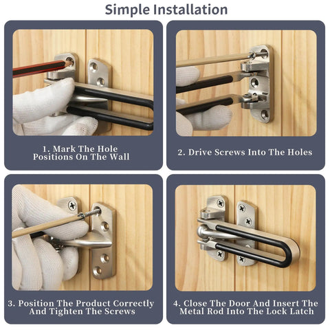 Installation process for Heavy Duty Swing Bar Door Lock With Latch Guard For Inward Swing Doors, shown in four steps on wood door.