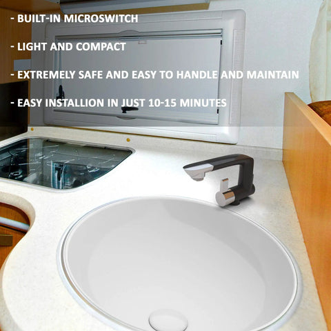 12V Electric Water Faucet With Switch For RV Kitchen Sink And Pump Hookup Plug And Play Rotatable Spout Works With Camper Trailer Campervan Or Boat Up To 1.5 Bar No Fuss Wiring Leak Proof Easy Install in RV kitchen