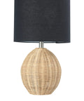Boho Woven Rattan Table Lamp With Black Linen Shade In Natural Finish, Rotary Switch, 11.5 Inch Square Base, Modern Rustic Lighting