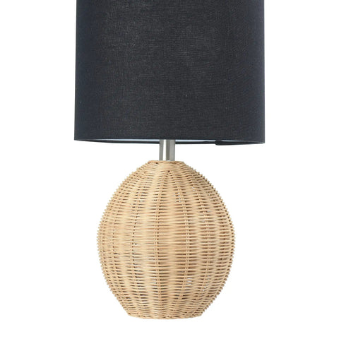 Boho Woven Rattan Table Lamp With Black Linen Shade In Natural Finish, Rotary Switch, 11.5 Inch Square Base, Modern Rustic Lighting