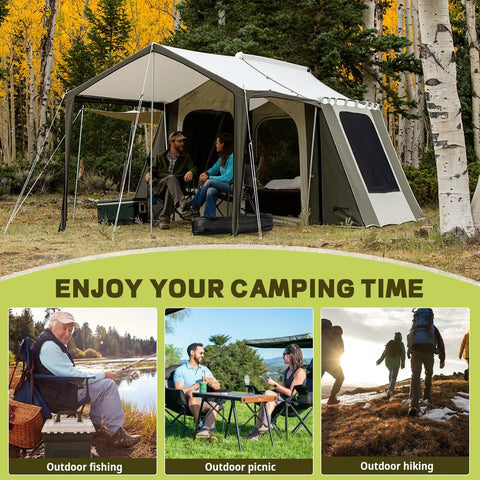 People enjoying outdoor camping activities with tent, chairs, and Tough Folding Chair Carry Bag For Camp Chairs Fits Most Standard Portable Lawn Chairs Tear Resistant Storage Sleeve For Outdoor Gear Easy Grab And Go Transport Durable Waterproof Exterior Chair Not Included.