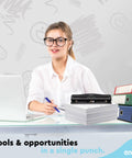 Woman at desk with heavy duty three hole punch for binders, adjustable 10 sheet paper punch, next to binders and paper stack.