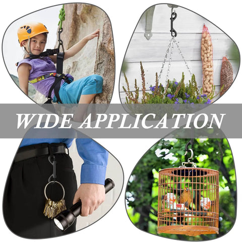 Wide application of Extra Large 4.7 Inch Double Ended Bolt Snap Hooks With 220 Lb Load Capacity Made From Zinc Alloy Heavy Duty Clips Versatile For Dog Leashes Water Buckets Horse Feed Hammocks 2 Pack in various outdoor and indoor uses, such as rock climbing, gardening, key holding, and bird cages.