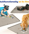 Under Sink Mat 34x22 Silicone Taupe Waterproof Flexible Rectangular With Drain Hole For Kitchen And Bathroom shown with multiple uses