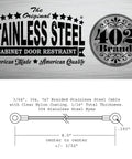 American Made Stainless Steel Cabinet Door Restraint Kit With Flexible Braided Cable Diagram and Branding
