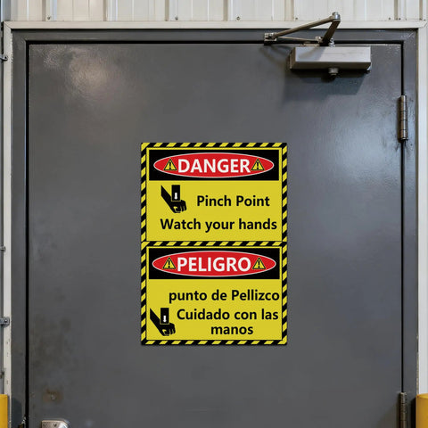Bilingual Danger Pinch Point Watch Your Hands Sticker Set With Hands And Fingers Away Warnings installed on a metal door