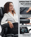 Woman using Big And Tall 500Lbs Office Chair With Inflatable Lumbar Support, showing tilt lock, soft leather, and thick cushion.