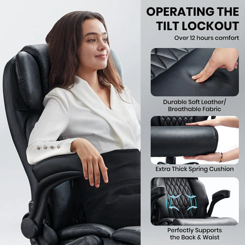 Woman using Big And Tall 500Lbs Office Chair With Inflatable Lumbar Support, showing tilt lock, soft leather, and thick cushion.