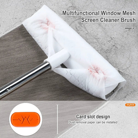 Long-Handle Window Screen Cleaning Brush for home windows with white multi-brush head and durable grip shown on surface.