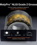MolyPro™ NLGI Grade 2 grease close-up, showing yellow molybdenum formula, designed for longer-lasting performance and reduced friction.