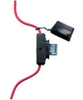 Side view of Inline MAXI Blade Fuse Holder With Cover 32V 60A Rating Two 5 Inch 6 Gauge Wire Leads Black Plastic Body