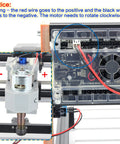 Close-up of wiring instructions for Upgraded 3018 Pro CNC Router Kit For Wood And Plastic 3 Axis GRBL with clear red and black wire connections.