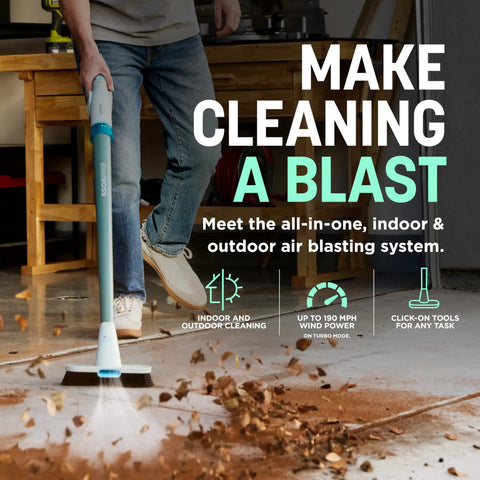 BlastBoss Beast Mode All In One Air Blasting System With BlastBroom And Precision Nozzle For Indoor And Outdoor Cleaning Extension Wand 0 To 190 MPH Airflow Cordless Handheld Blower Rechargeable Charcoal Finish AB2111 in use on garage floor