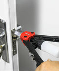 Using Knuckle-Saving 13 Inch Pop Rivet Gun With 150 Pcs Fasteners on a door lock installation for secure fastening.