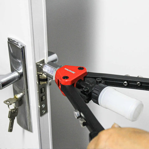 Using Knuckle-Saving 13 Inch Pop Rivet Gun With 150 Pcs Fasteners on a door lock installation for secure fastening.