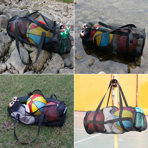 Heavy Duty Mesh Dive Bag For Gear And Sports Equipment on rocks, water, grass, and hanging; Foldable Duffel With Large Net Bag.