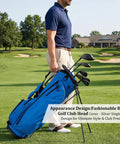 Man carrying golf bag with clubs on a golf course, featuring blue bag and fashionable black golf club head covers.
