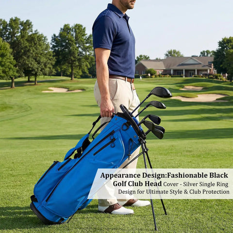 Man carrying golf bag with clubs on a golf course, featuring blue bag and fashionable black golf club head covers.