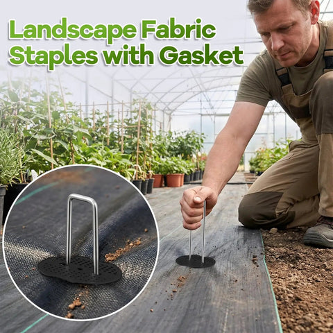 Gardener installing Heavy Duty 6 Inch Galvanized Landscape Staples Set With Gasket, 200 Pack Ground Pins on fabric in garden