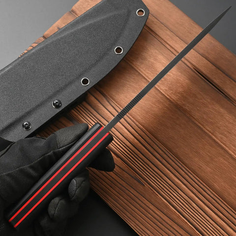 Fixed Blade Knife With AUS-10 Steel, Black Carbon Fiber Handle, Full Tang, And Sheath For Outdoor Camping And Hunting, close-up.