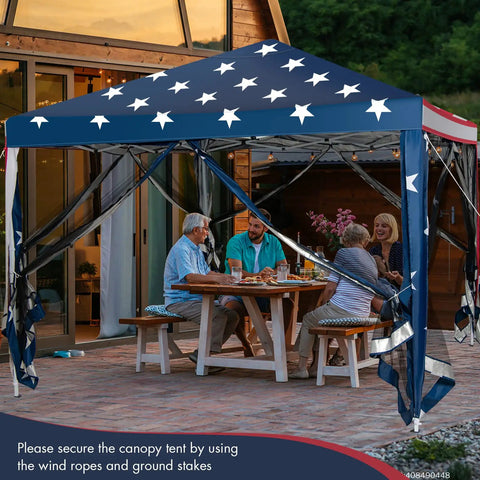 Easy Up 10x10 Pop Up Canopy With Netting And Mesh Sidewalls, Carrying Bag, Adjustable Height, American Flag Outdoor Shade Tent over a patio