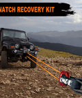 Jeep on rough terrain using Snatch Block Ring Winch Pulley Kit With Two Piece One Half Inch Soft Shackle And Three Inch By Eight Foot Tree Saver Recovery Strap For Off Road ATV UTV Truck