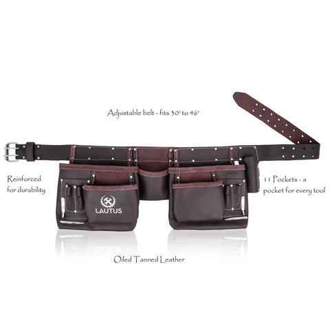 Oil Tanned Leather Tool Belt Pouch Bag For Carpenters Construction Workers Handyman Electricians With Ample Tool Pockets