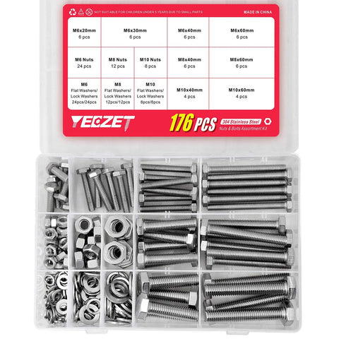 176 Piece Heavy Duty Bolts and Nuts Set in 304 Stainless Steel M6 M8 M10 Includes 8 Most Common Sizes for DIYers and Auto Pros Built To Last Hex Bolts and Nuts Kit open box showing compartments and contents