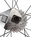 Bottom Bracket And Lockring Tool For Campagnolo Cassettes BBT 5 And FR 11 in use on bike wheel with wrench