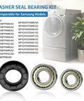Premium Washer Tub Bearing And Seal Kit For Front Load Washers showing black seal and steel bearing components for Samsung models.
