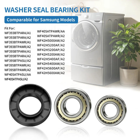 Premium Washer Tub Bearing And Seal Kit For Front Load Washers showing black seal and steel bearing components for Samsung models.