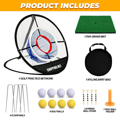 Pop Up Golf Chipping Net With Hitting Mat, Collapsible Indoor Outdoor Practice Set, Includes 8 Practice Balls, 4 Tees, Rubber Tee Holder