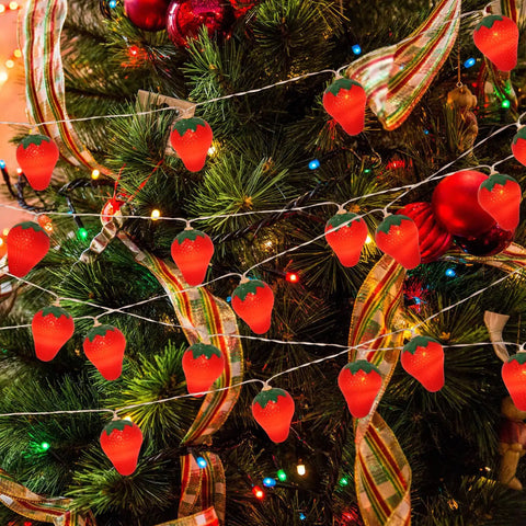 Warm Strawberry String Lights 10 Foot With 20 LEDs Battery Powered Indoor Outdoor Decor on Christmas tree