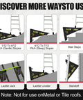 Extension Ladder Leveler With Storage, No Slip Stabilizer diagram showing various uses on slopes, stairs, and as a standoff.