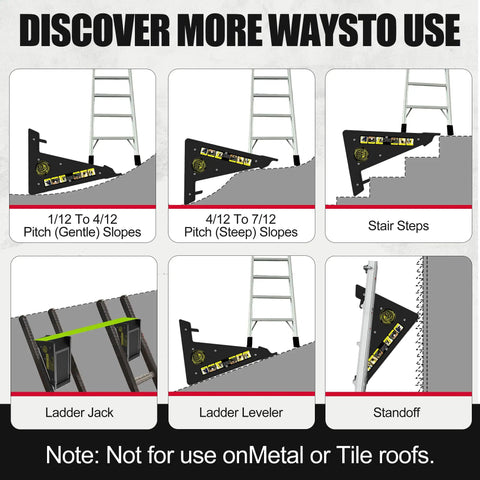 Extension Ladder Leveler With Storage, No Slip Stabilizer diagram showing various uses on slopes, stairs, and as a standoff.