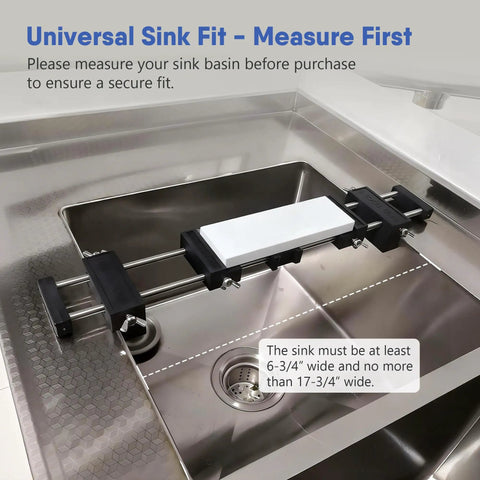 Sink Bridge Whetstone Holder Heavy Duty Stainless Steel Sharpening Stone Base with non-slip rubber grip in sink.