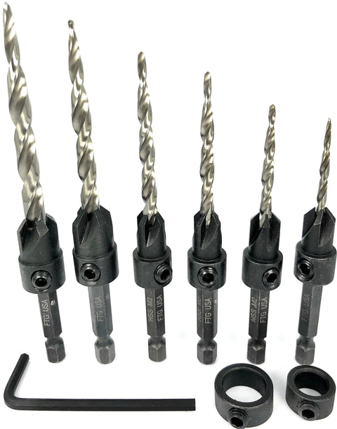 Adjustable Wood Countersink Drill Bit Set For Woodworking Six Sizes With Tapered Bits Pro Grade Handy HSS M2 Four Flute