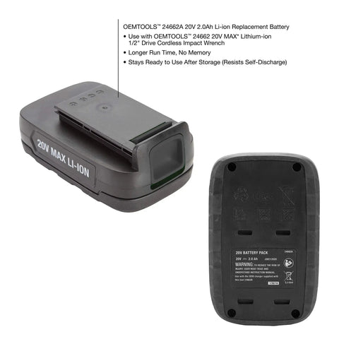 Side and bottom view of 20V Lithium Ion Replacement Battery For A Half Inch Drive Cordless Impact Wrench Rechargeable One Pack