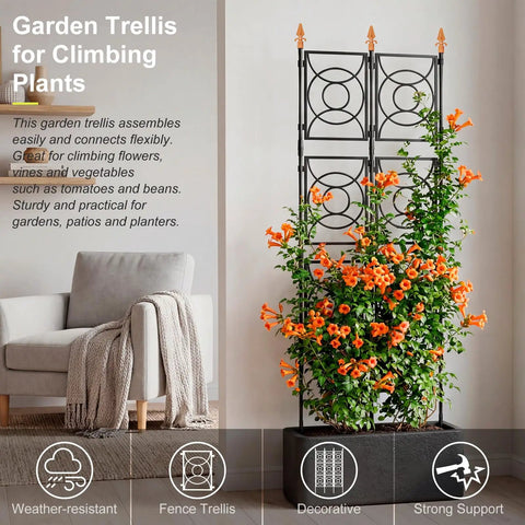 Heavy Duty Outdoor Garden Trellis for Climbing Plants 2 by 6.2 ft tall with 24 rib steel frame and potted flowers indoors