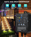 Smart Dimmable LED Deck Lights With Timer And Photocell Sensor, outdoor wall showing weatherproof features in rain.
