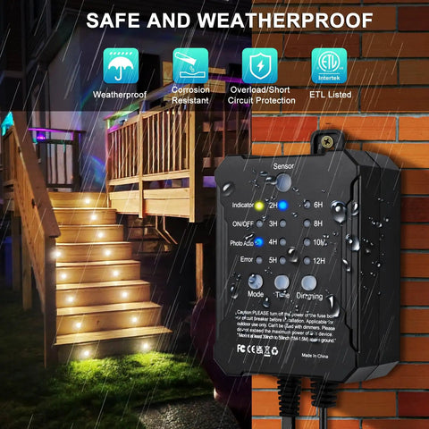 Smart Dimmable LED Deck Lights With Timer And Photocell Sensor, outdoor wall showing weatherproof features in rain.