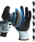 Six Pairs Heavy Duty Work Gloves With Sandy Nitrile Coating Extreme Fiber Abrasion Resistance Level 6 Certified A2 Cut Protection Grippy For Construction Men And Women shown holding a power tool